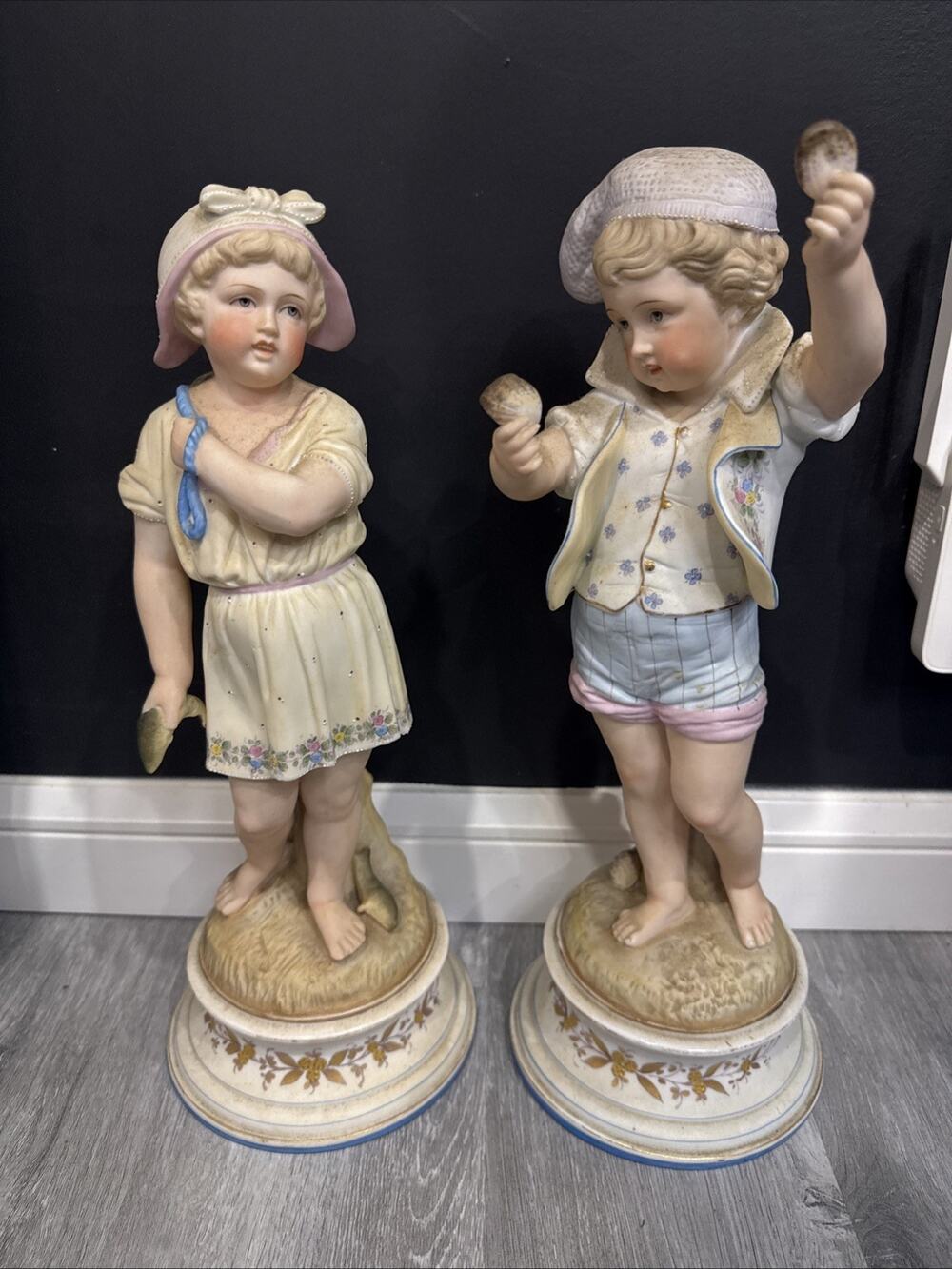 Antique German Bisque Children at the Seaside 15” Boy Girl Figurine Pair *